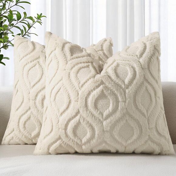 🛋️ NWT decorUhome Faux Fur Throw Pillow Covers 18" Set of 2 Beige - Picture 1 of 7